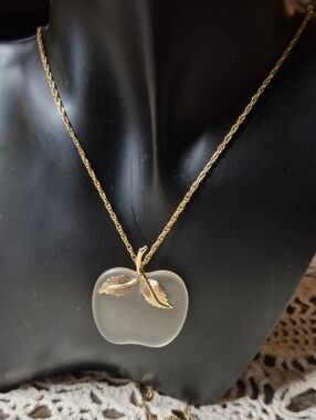Avon Frosted White Apple Pendant Necklace with Gold Leaf Accents - Women Jewelry